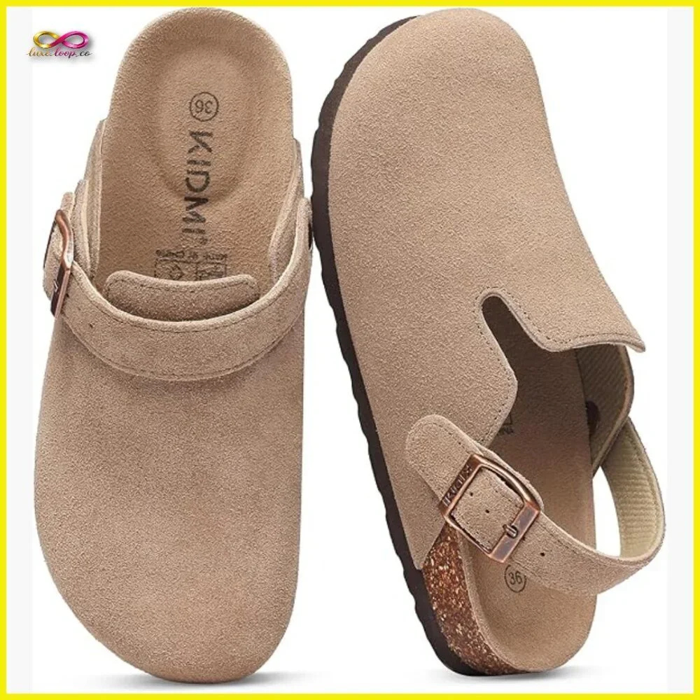Suede Clogs with Back Strap Cork Footbed Slip On Casual Mules Retro Style - Picture 1 of 7